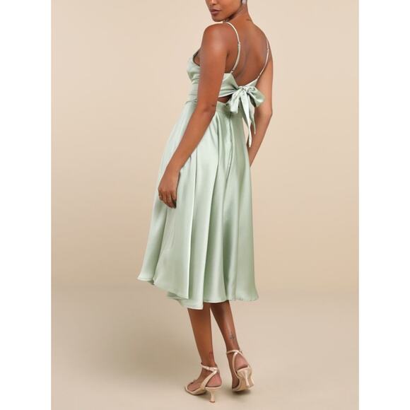 Lulus Days Like Today Sage Satin Asymmetrical Tie-Back Midi Dress NWT Sz S - Picture 2 of 9